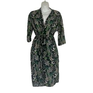 Les Bleus Green Botanical Jungle Monkey Print Tie Waist Robe Size Medium